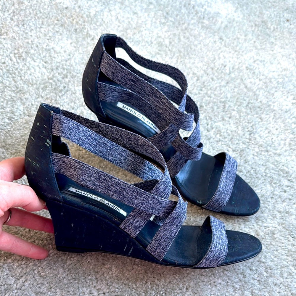 MANOLO BLAHNIK Navy Blue Strappy Wedge Sandals